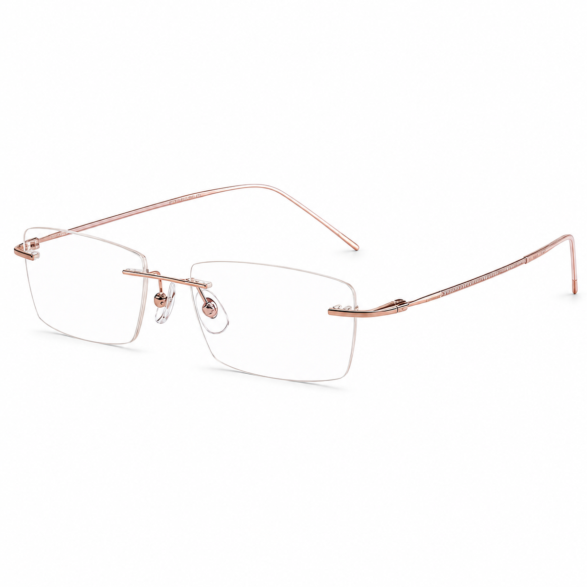 Rose Gold/Pink Unisex Slim Rectangular Titanium Rimless Glasses, 45-degree view