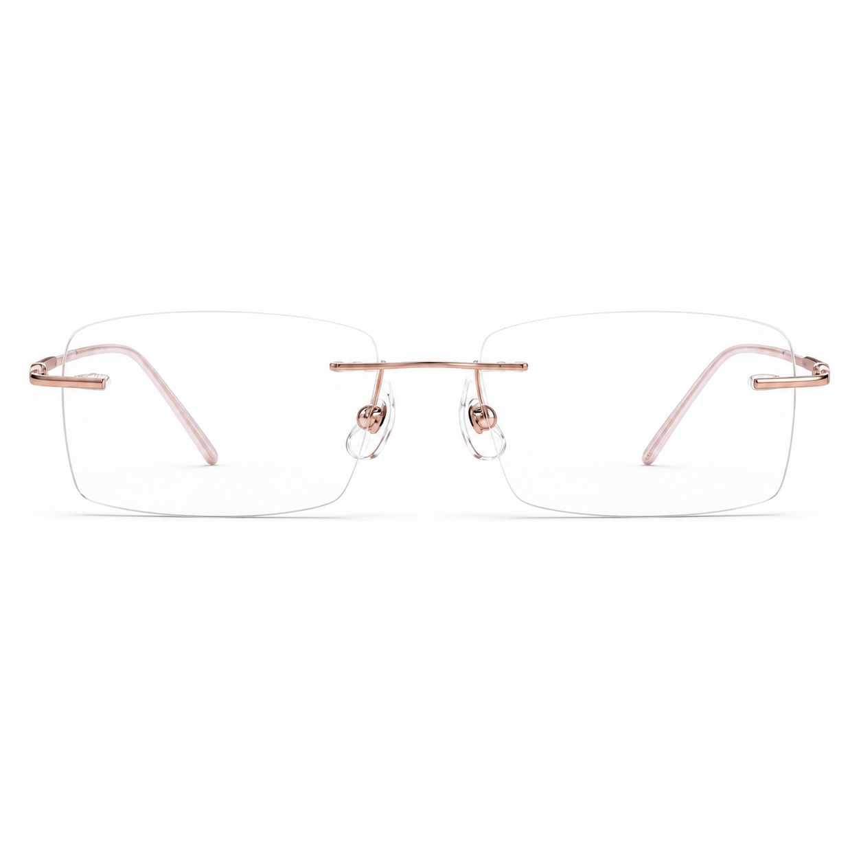 Rose Gold/Pink Unisex Slim Rectangular Titanium Rimless Glasses, clean front view