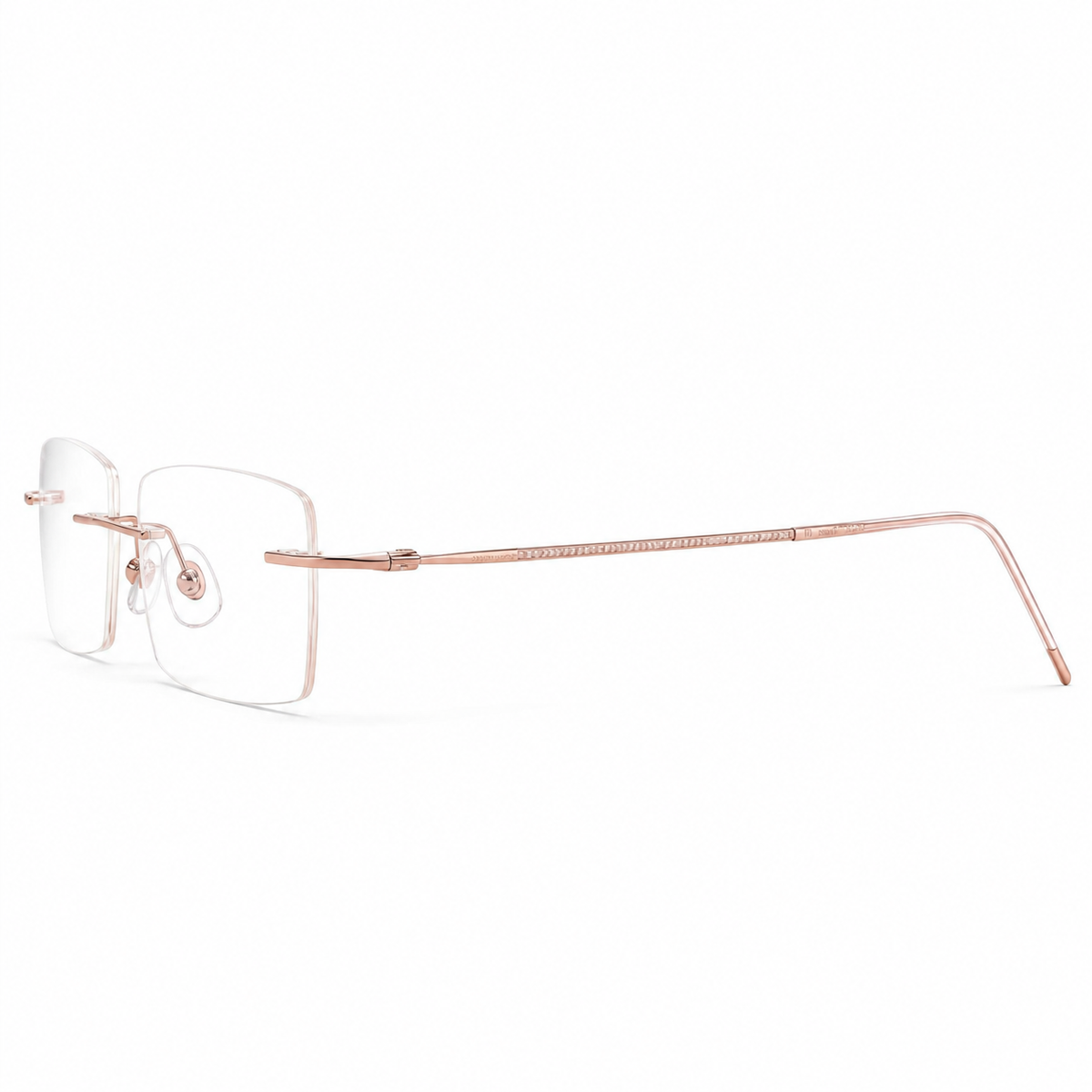 Rose Gold/Pink Unisex Slim Rectangular Titanium Rimless Glasses, side temple view