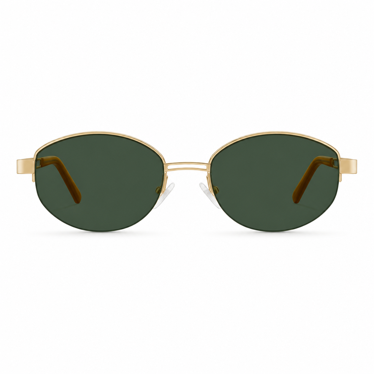 Gold and Green women's small metal oval UV400 sunglasses, front product view