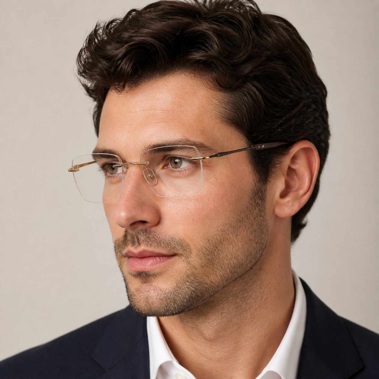 Adult model wearing Gold Sophisticated Professional Rimless Eyeglasses, lifestyle view 1