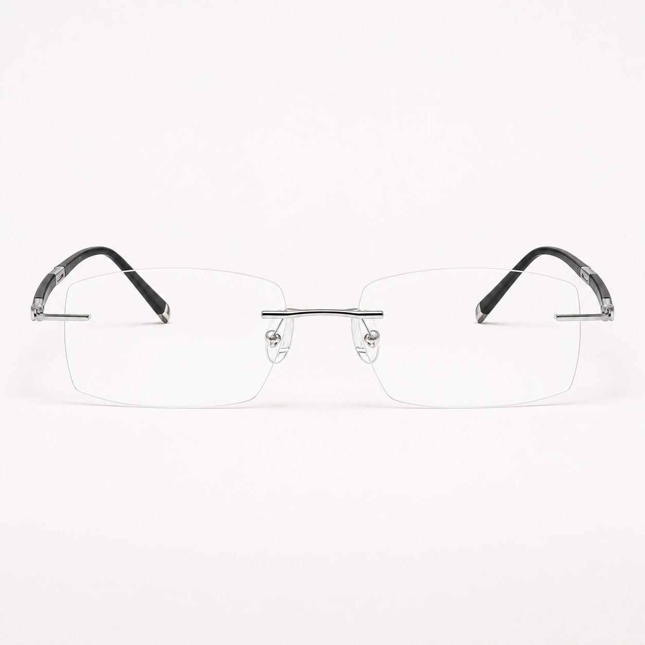 Silver men's titanium rimless rectangular glasses, front product view
