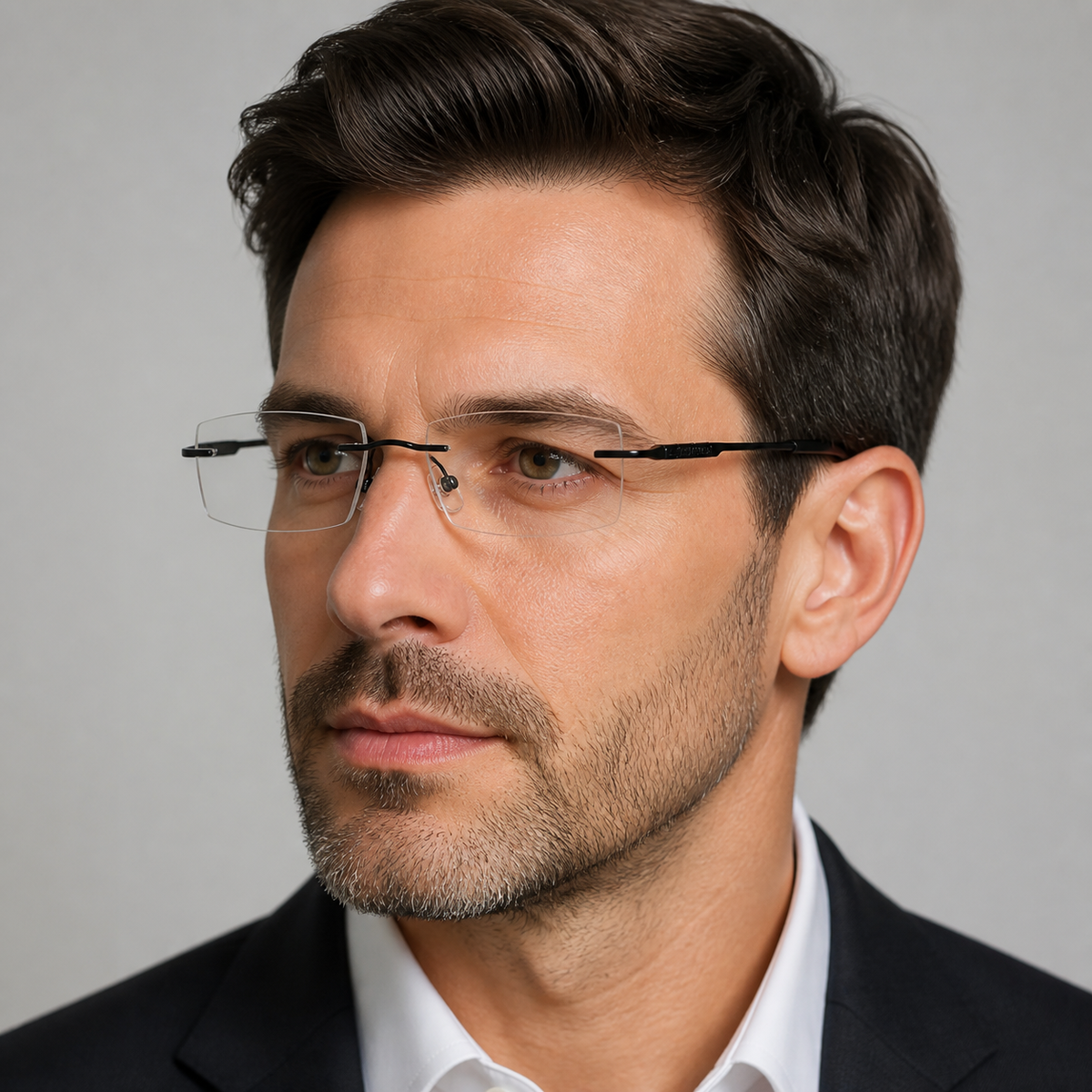 Adult model wearing Black Men's Pure Titanium Rimless Narrow-Rectangle Glasses, lifestyle view 1