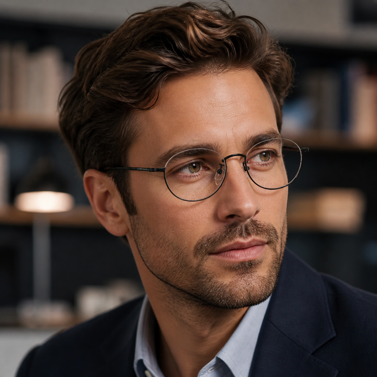 Adult model wearing Black Stylish Refined Vintage Semi-Rimmed Eyeglasses, lifestyle view 1