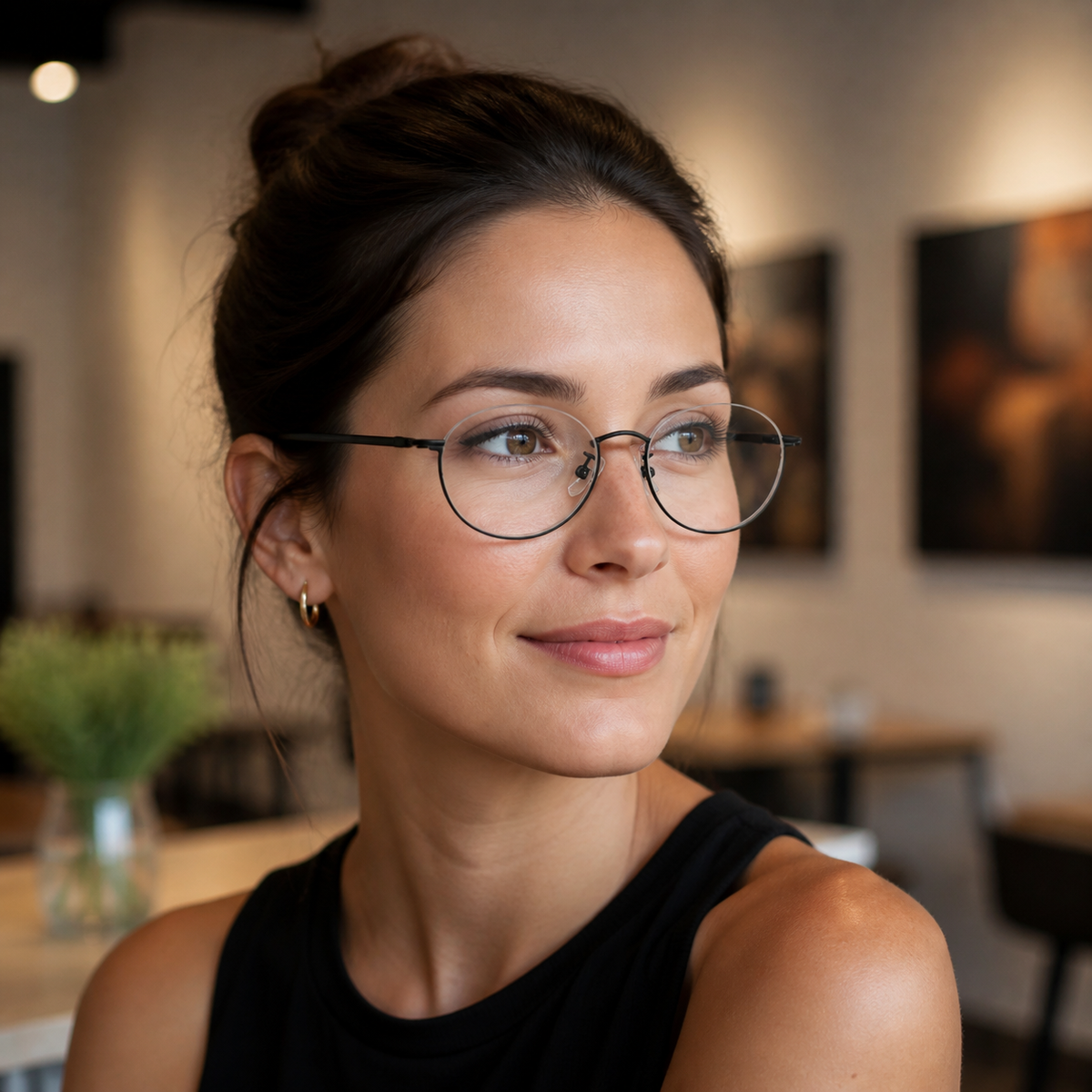 Adult model wearing Black Stylish Refined Vintage Semi-Rimmed Eyeglasses, lifestyle view 2