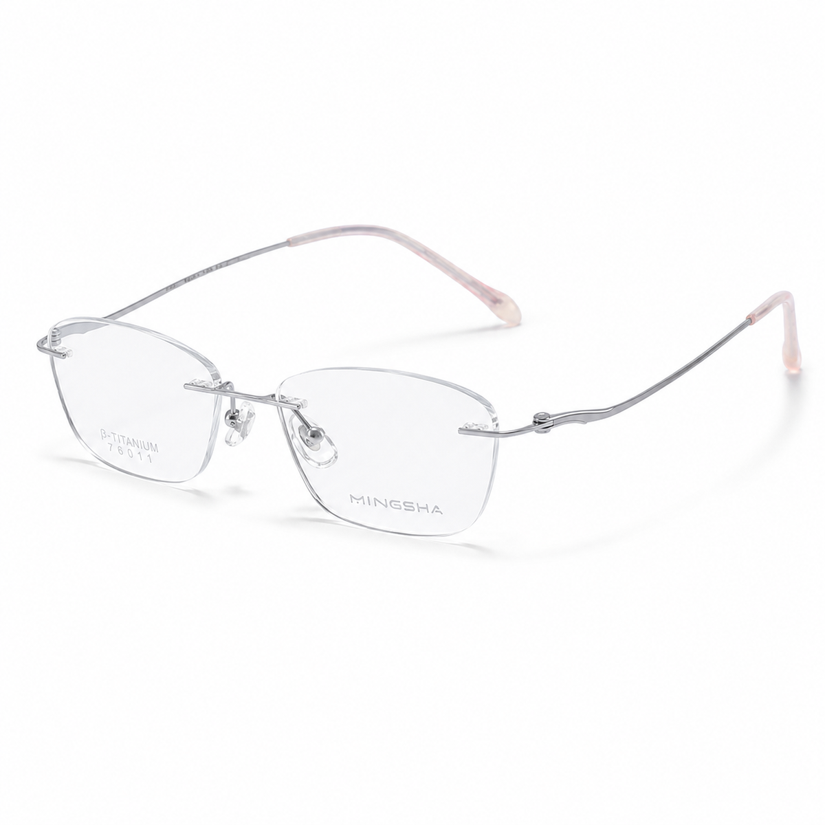 Silver Unisex Semi-Titanium Rimless Rounded-Rectangle Glasses, 45-degree product view