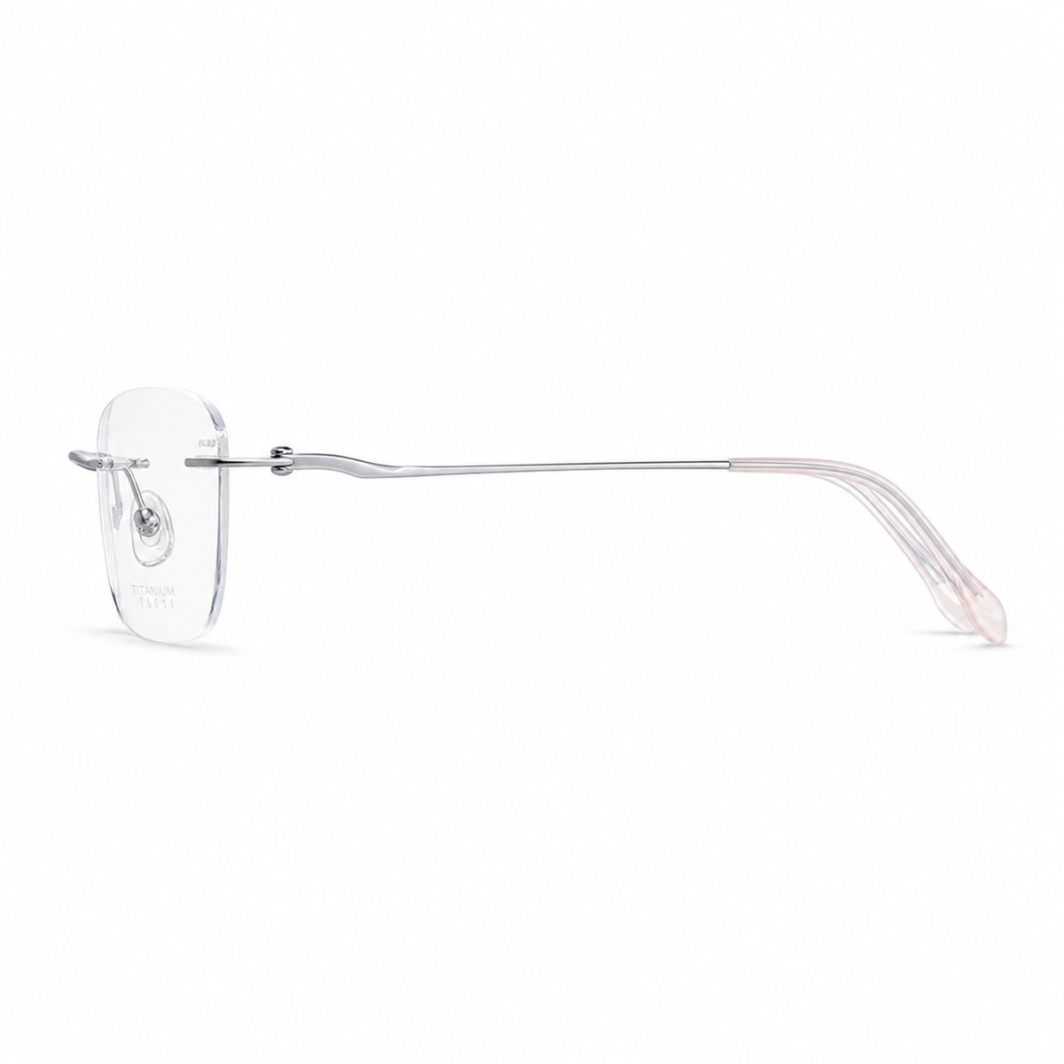 Silver Unisex Semi-Titanium Rimless Rounded-Rectangle Glasses, side temple product view
