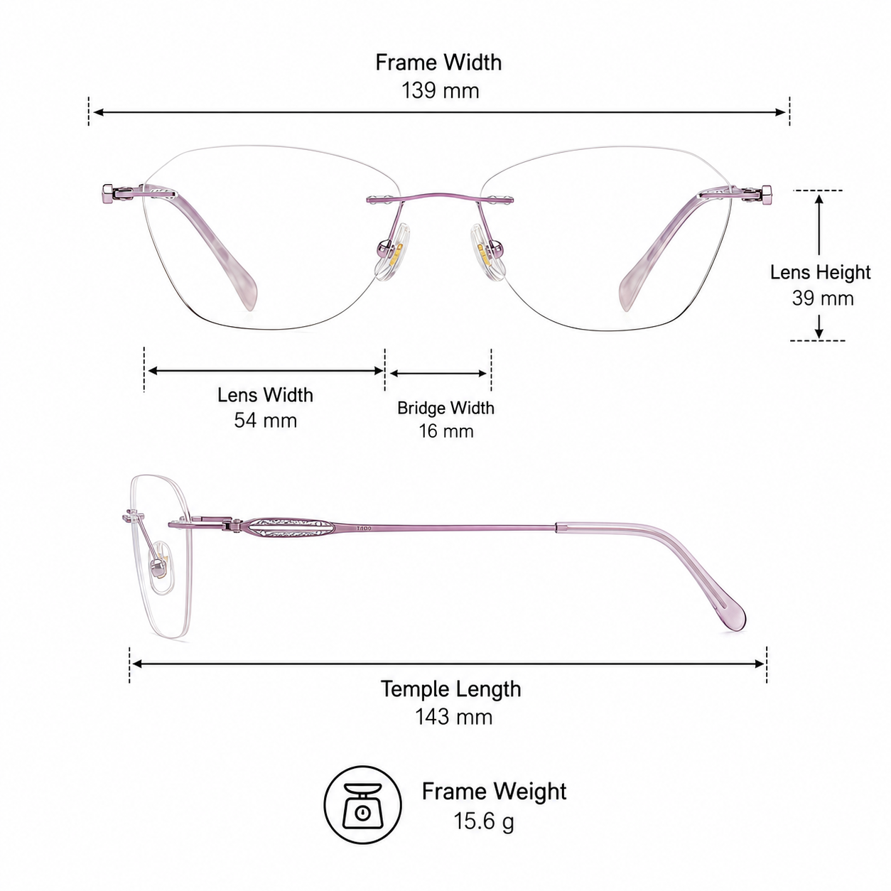 Purple Timeless Vintage Minimalist Rimless Eyeglasses measurement size guide