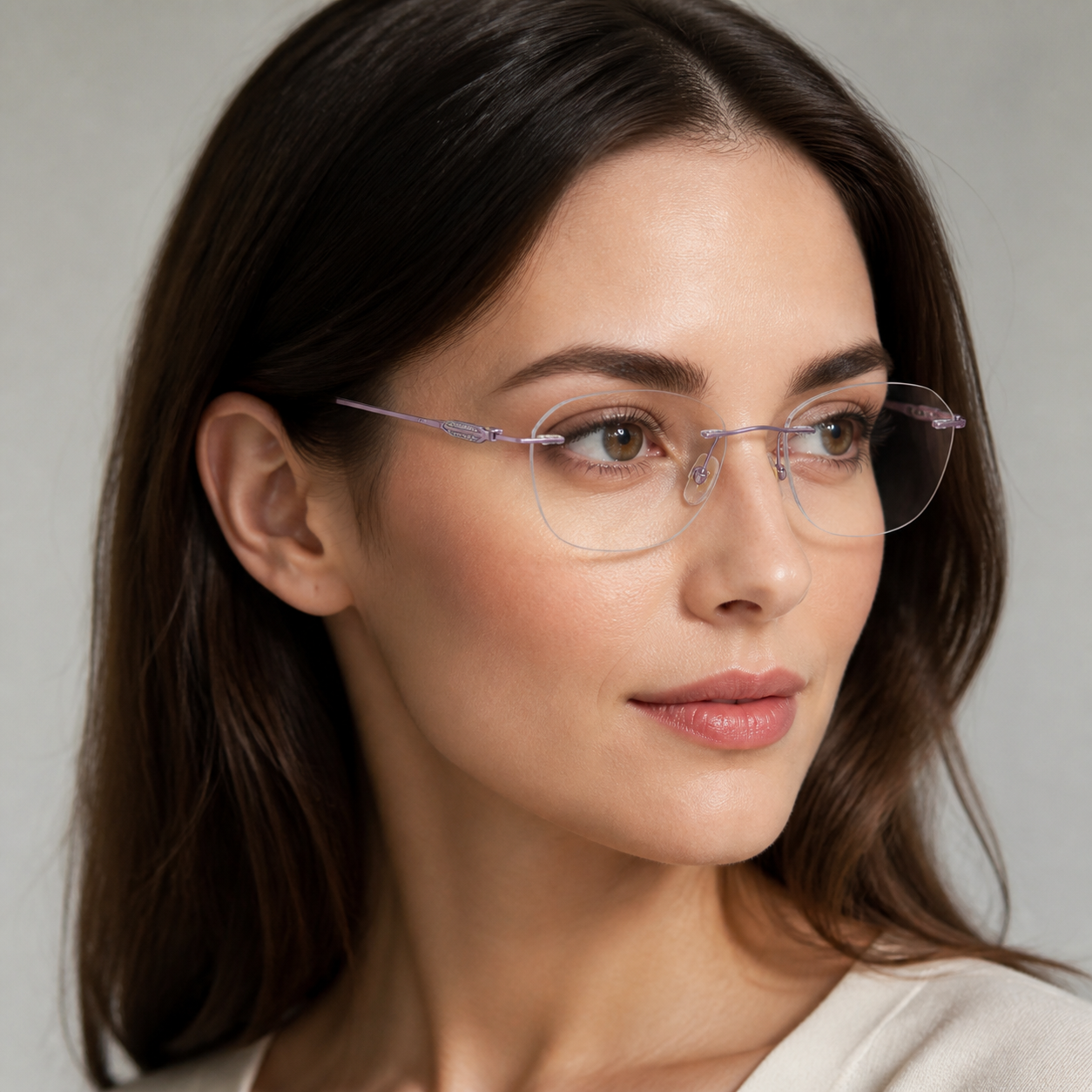 Adult model wearing Purple Timeless Vintage Minimalist Rimless Eyeglasses, lifestyle view 1