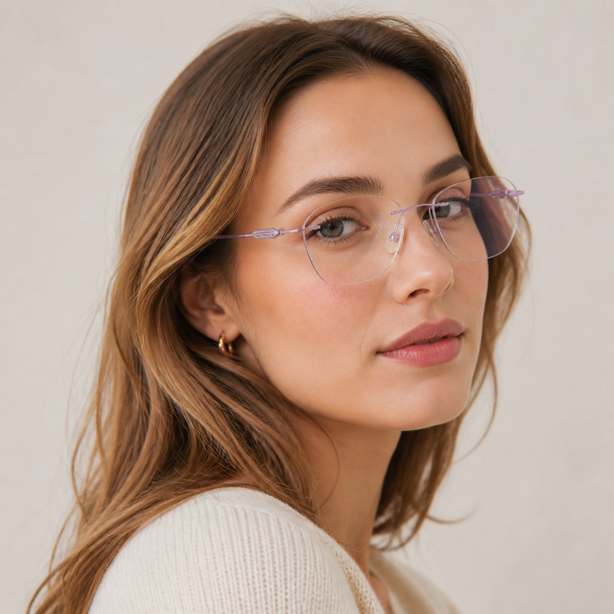 Adult model wearing Purple Timeless Vintage Minimalist Rimless Eyeglasses, lifestyle view 2
