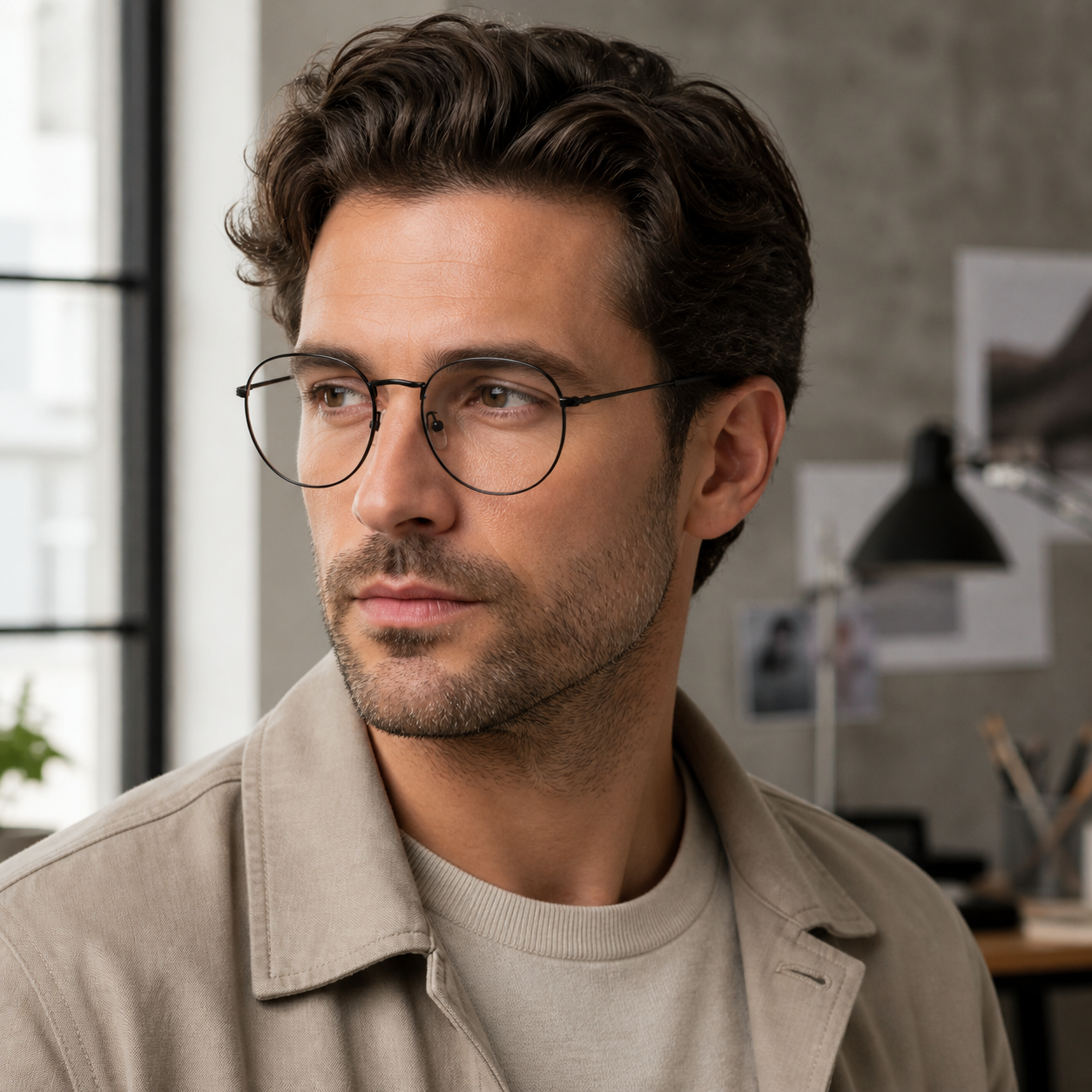 Adult model wearing Black Unisex Retro Alloy Round Full-Rim Glasses, lifestyle view 1