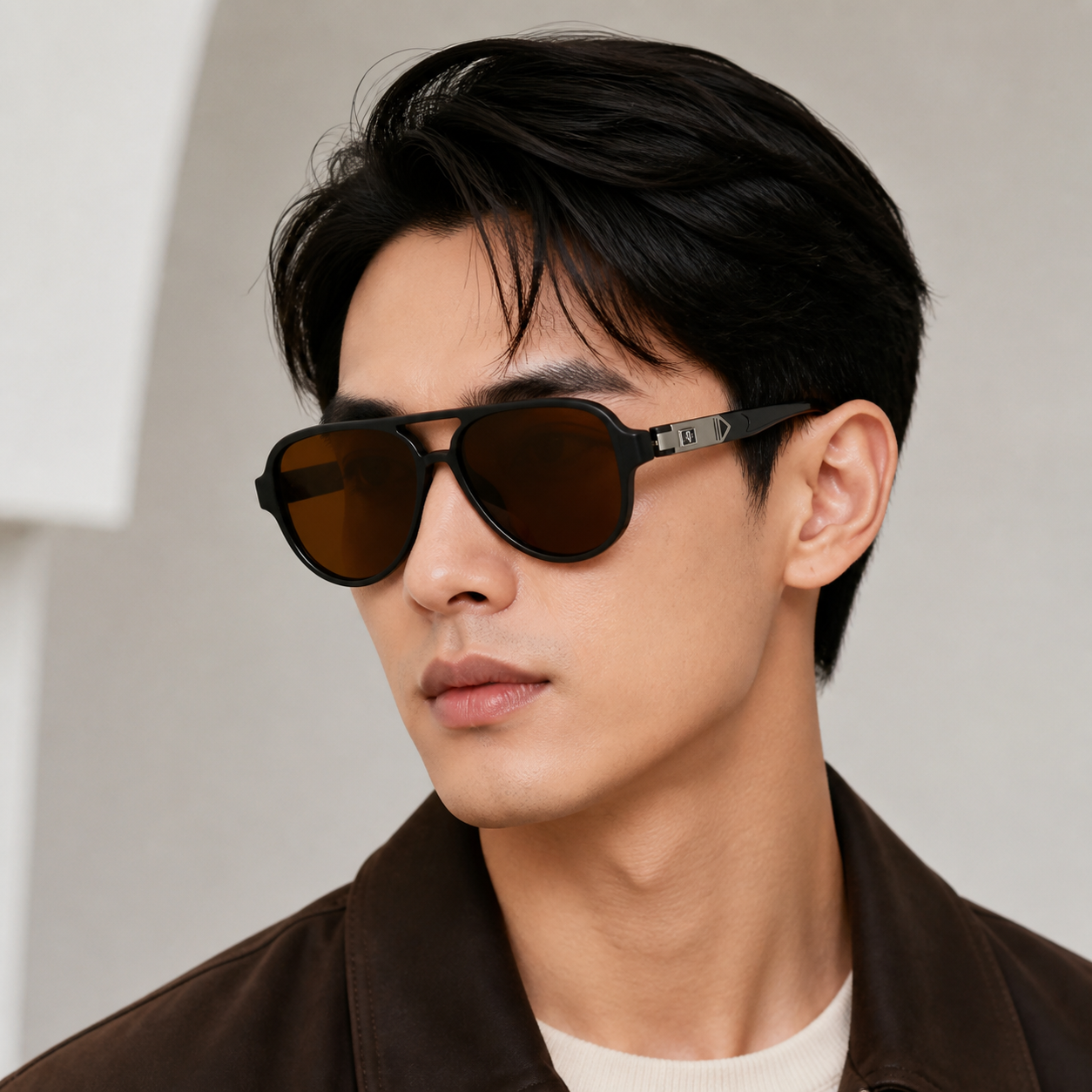 Dark Tortoise Men's TR90 Aviator Polarised Driving Sunglasses, worn by an adult model, front fit