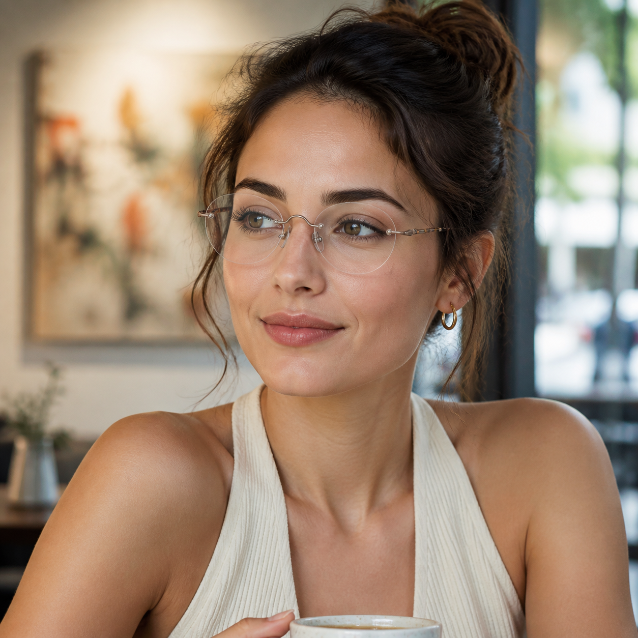 Adult model wearing Antique Bronze/Yellow Grey Vintage Sophisticated Rimless Eyeglasses, lifestyle view 2