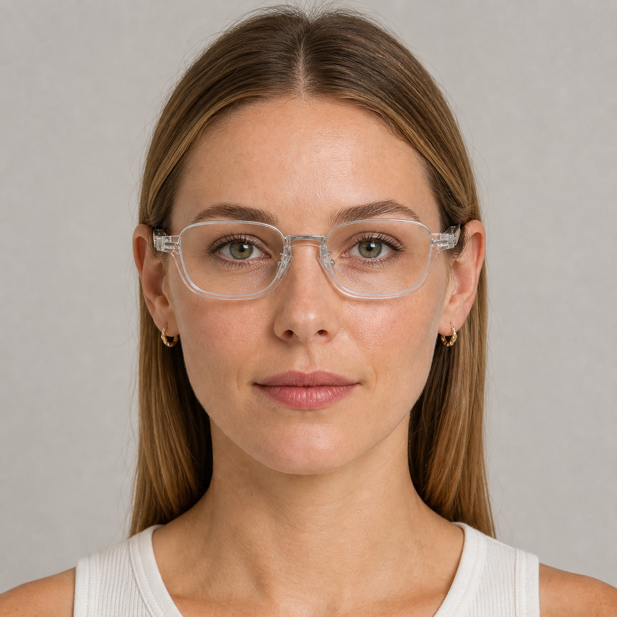 Women’s Crystal Clear sunglasses worn by an adult White woman