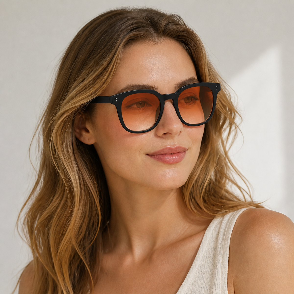 Women’s Black sunglasses worn by an adult White woman