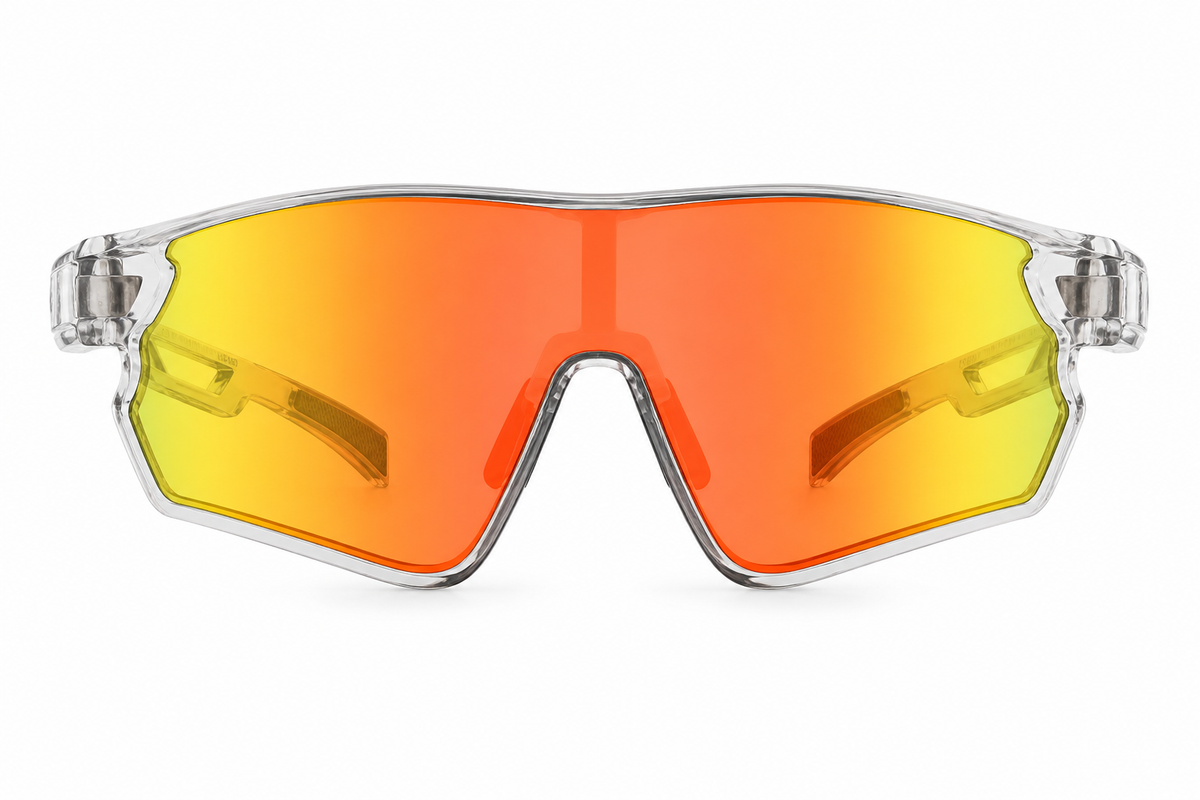 Crystal Grey Frame/Photochromic Red Mirror Lens Unisex TR Photochromic Wraparound Cycling Glasses, clean front product view