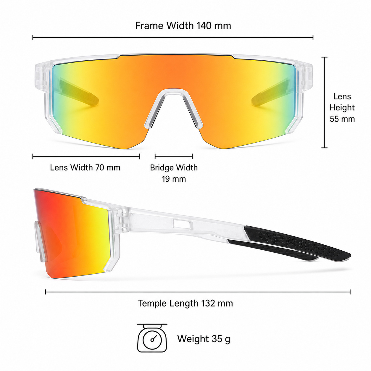 Matte Crystal Clear Frame/Red Mirror Lens Wraparound Windproof Dustproof Sports Sunglasses measurement size guide