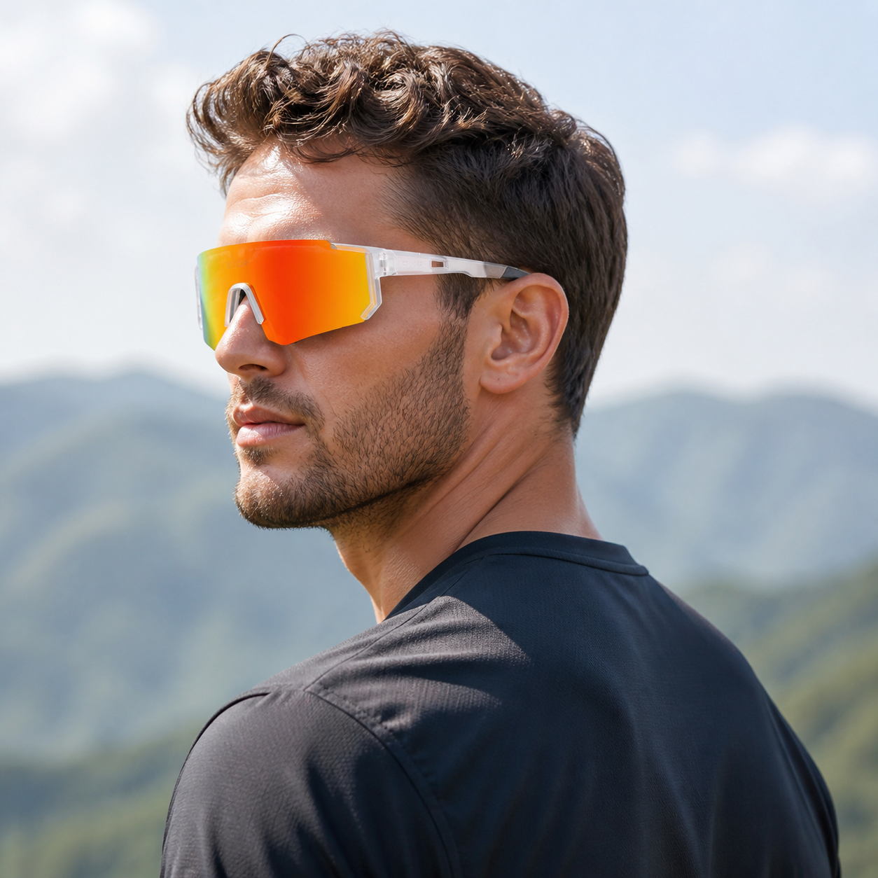 Model wearing Matte Crystal Clear Frame/Red Mirror Lens Wraparound Sports Sunglasses, view 2