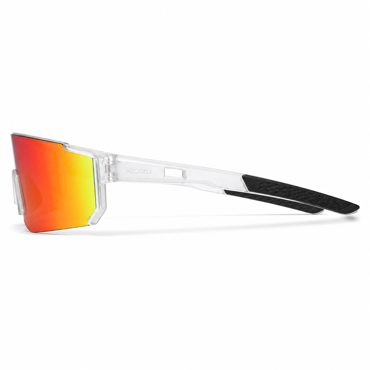 Matte Crystal Clear Frame/Red Mirror Lens Wraparound Windproof Dustproof Sports Sunglasses, true side-profile product view