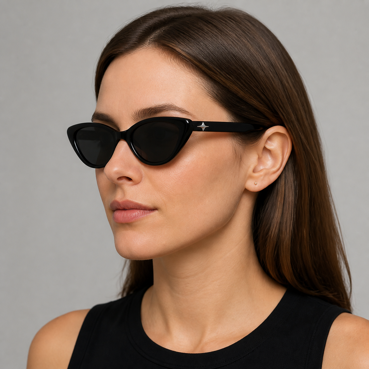 Women’s Black sunglasses worn by an adult White woman