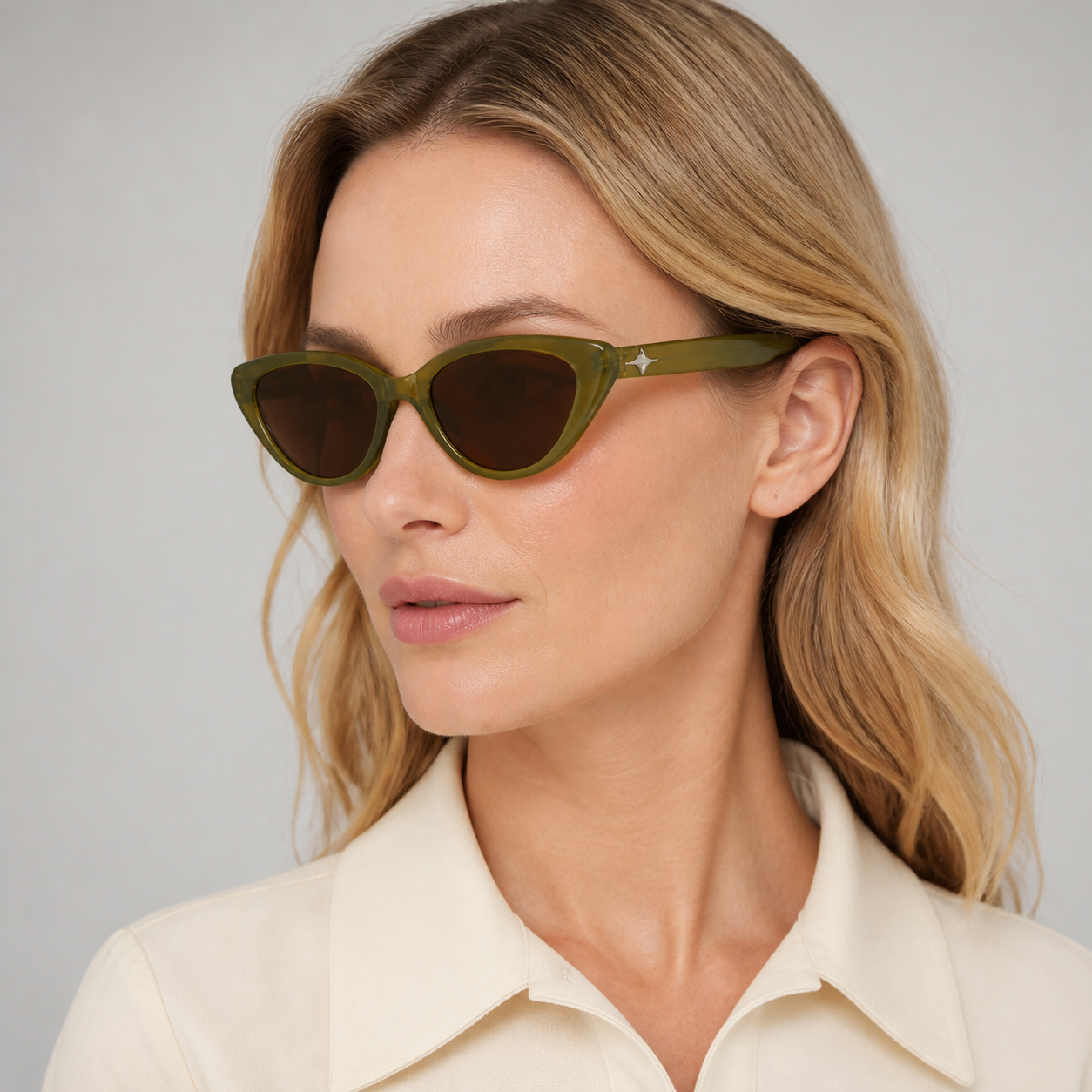 Women’s Olive Green sunglasses worn by an adult White woman