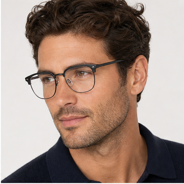 Adult man wearing Black Modern TR & Alloy Semi-Rimless Glasses