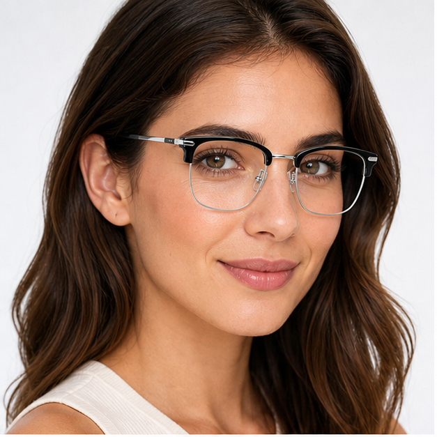 Adult woman wearing Black Round-Square Titanium Semi-Rimless Glasses