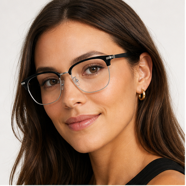 Adult woman wearing Black/Silver Vintage Artistic TR & Alloy Semi-Rimless Glasses
