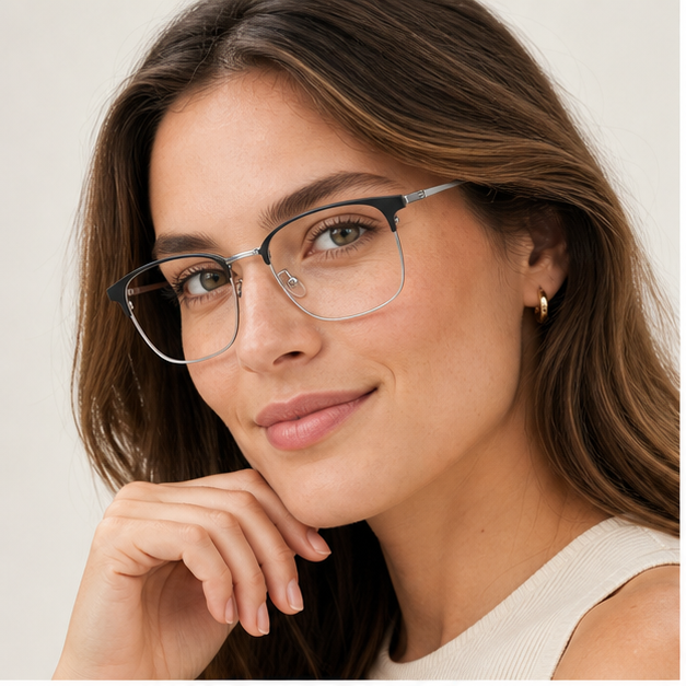 Adult woman wearing Black Classic Beta Titanium & Acetate Semi-Rimless Glasses