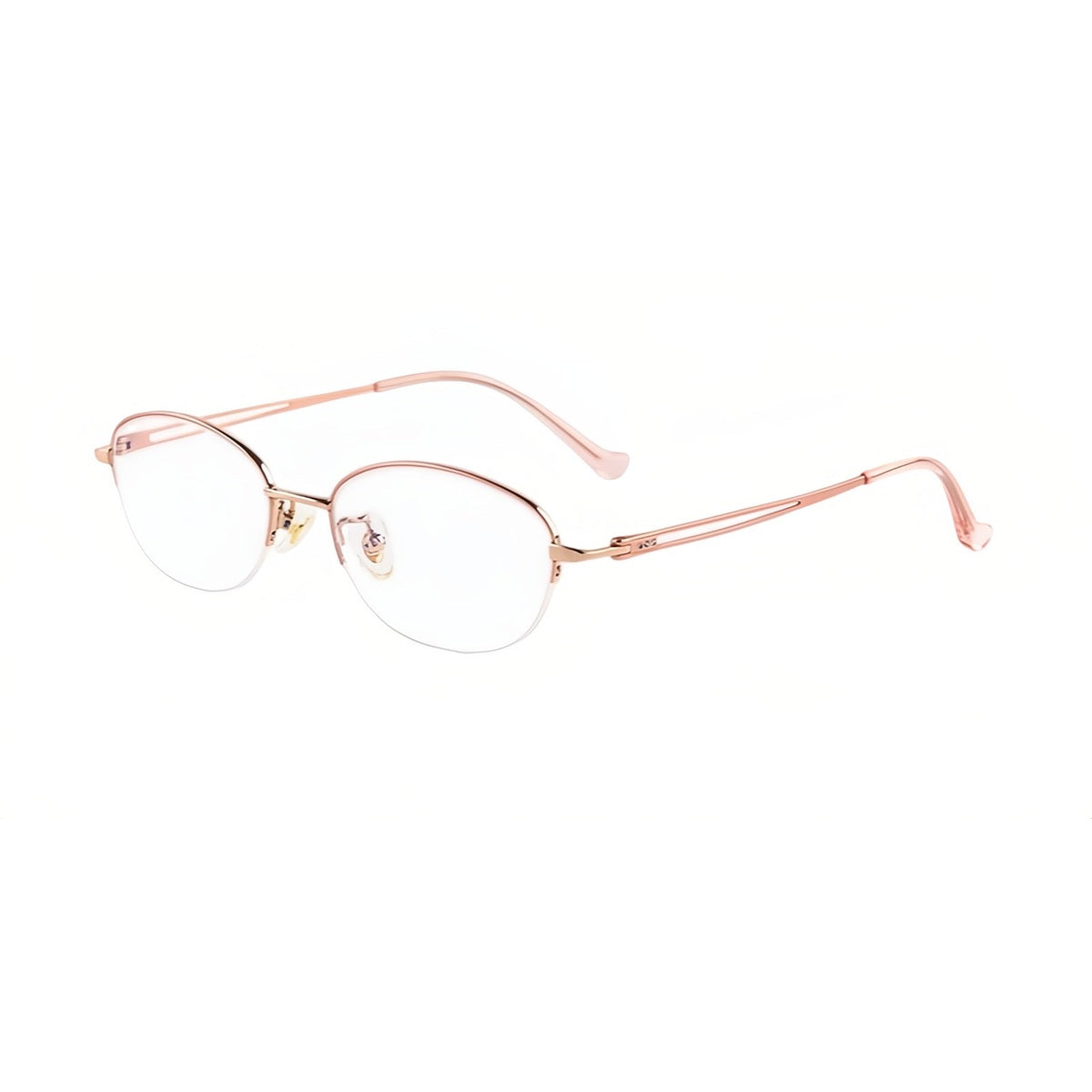 Pink/Rose Gold artistic soft-oval titanium semi-rimless glasses, 45-degree product view