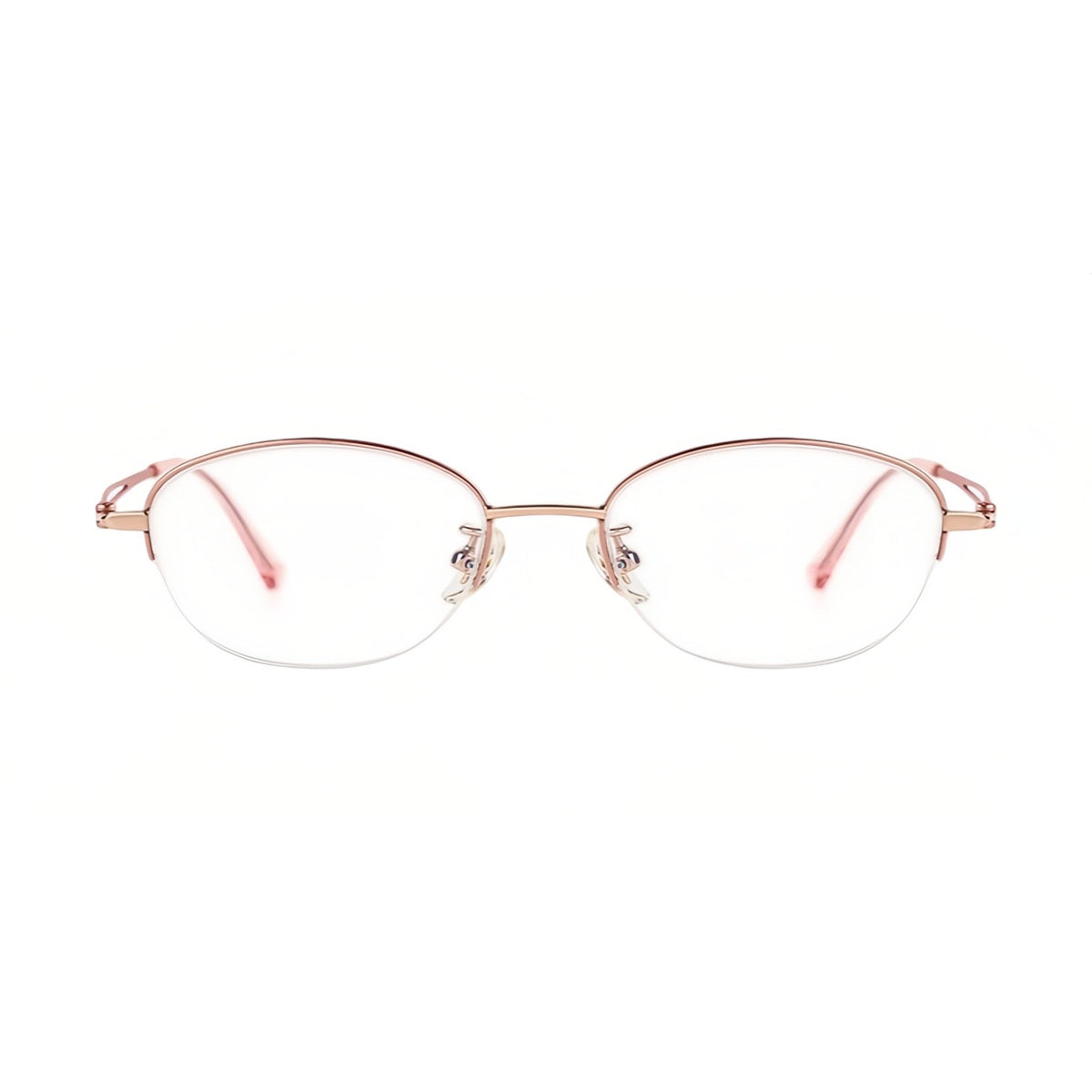 Pink/Rose Gold artistic soft-oval titanium semi-rimless glasses, front product view