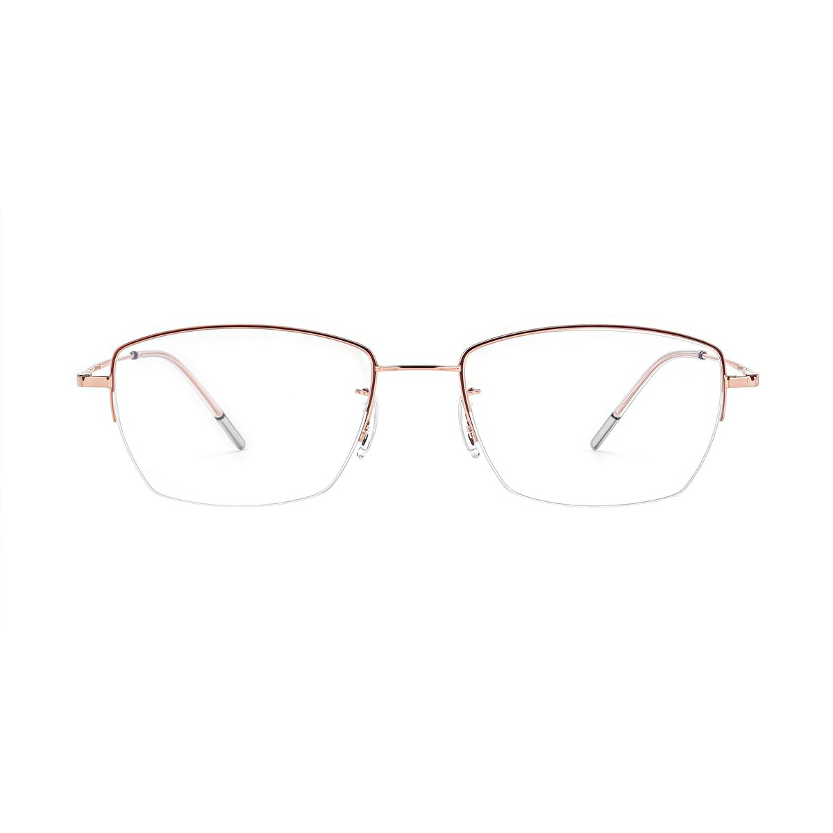 Pink/Rose Gold minimalist rectangular titanium semi-rimless glasses, front product view