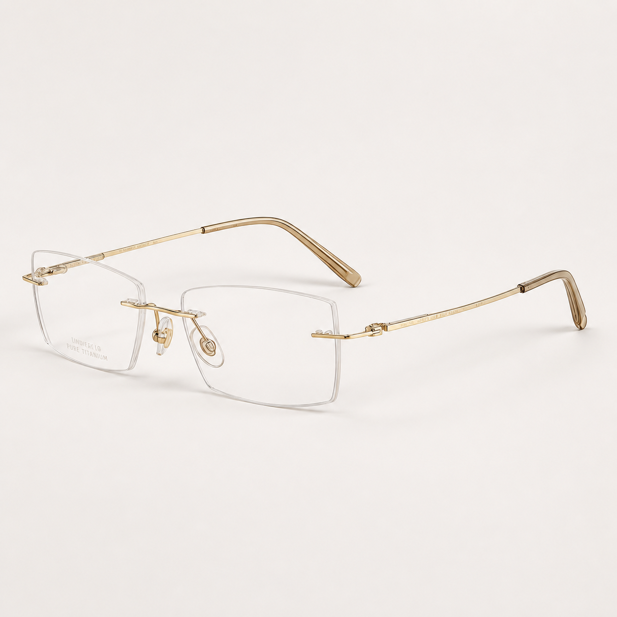 Gold pure titanium rimless slim rectangular eyeglasses, 45-degree product view