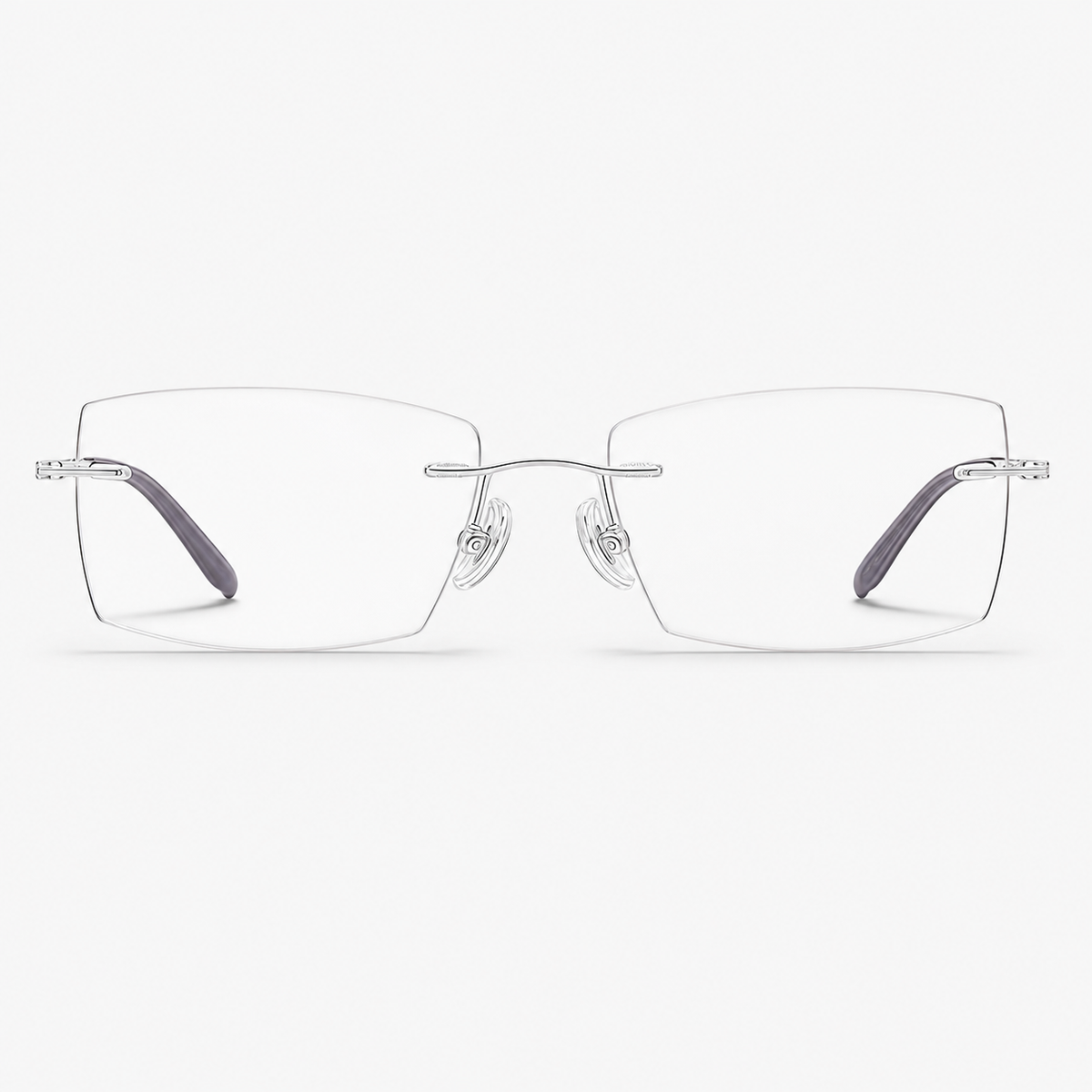 Silver pure titanium rimless slim rectangular eyeglasses, straight-on product view