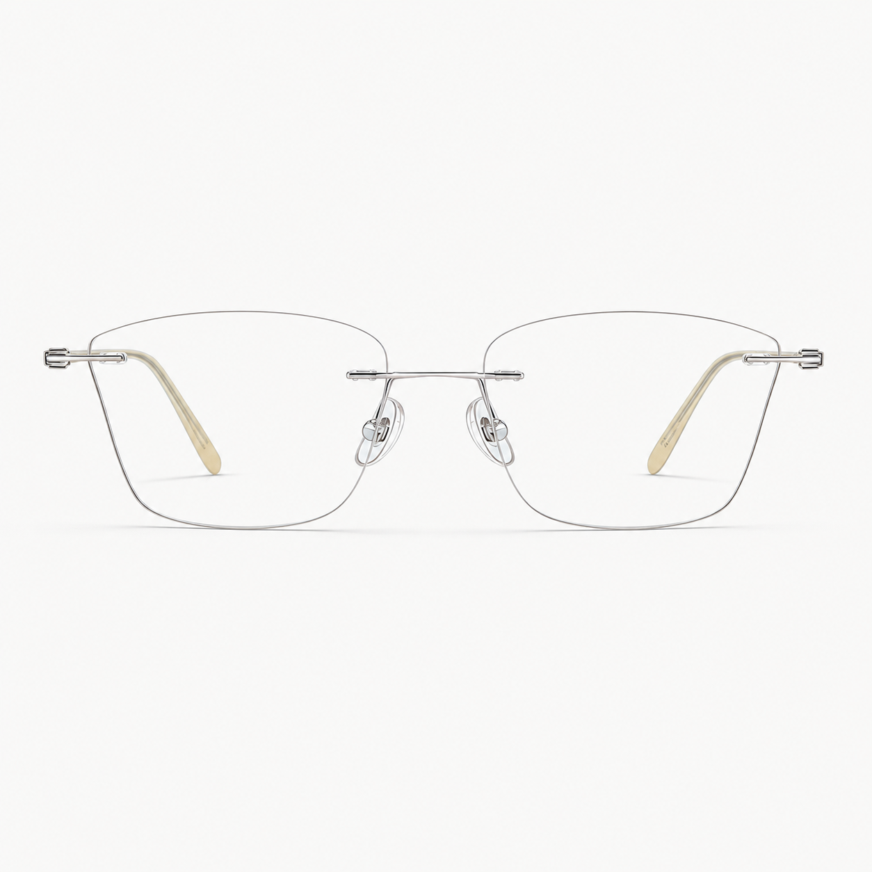 Silver pure titanium rimless geometric eyeglasses, straight-on product view