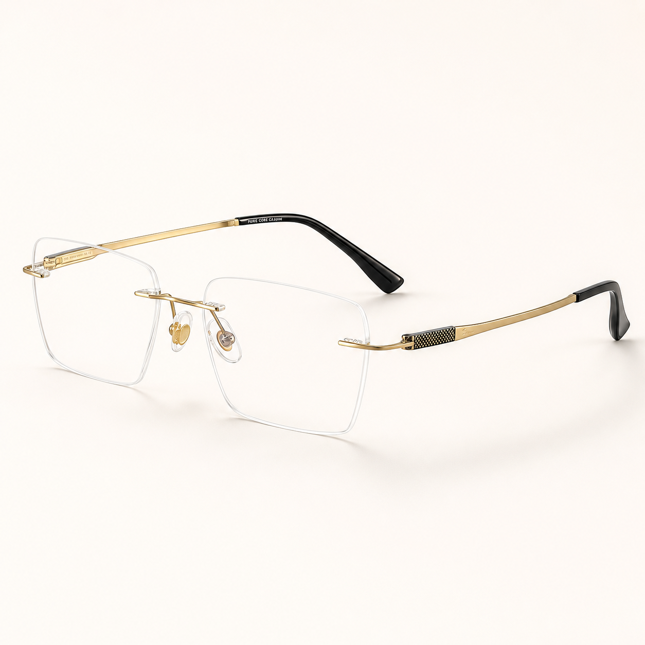 Gold titanium rimless slim rectangular eyeglasses, 45-degree product view