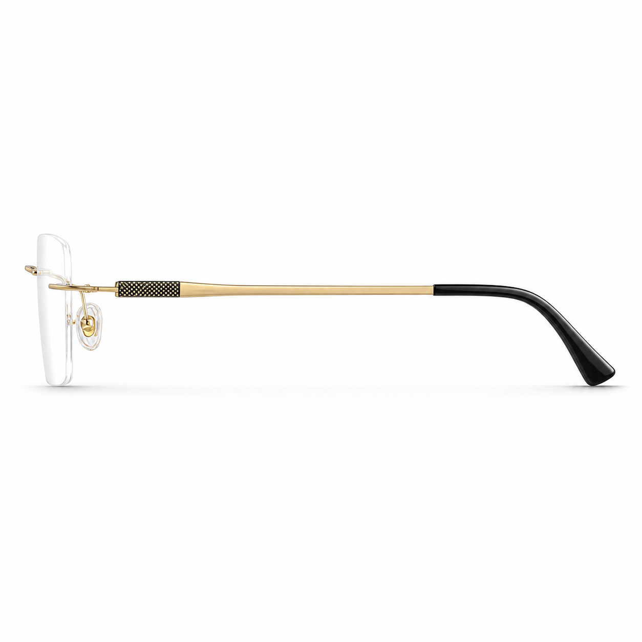 Gold titanium rimless slim rectangular eyeglasses, side-profile product view