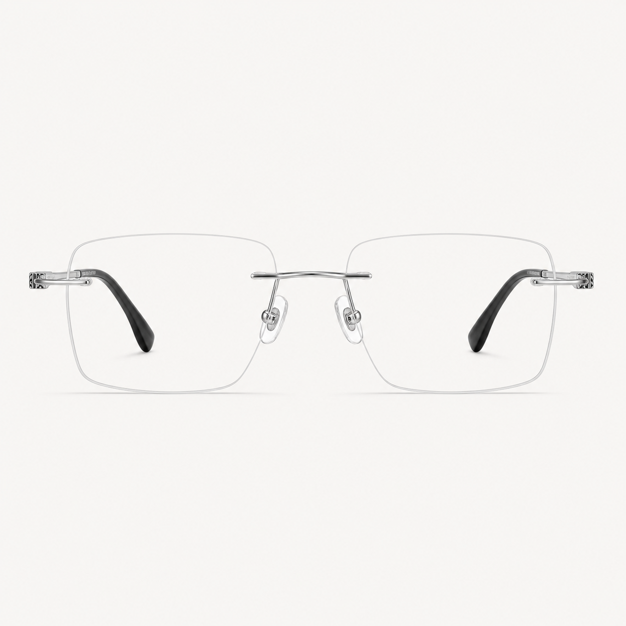 Silver titanium rimless slim rectangular eyeglasses, straight-on product view