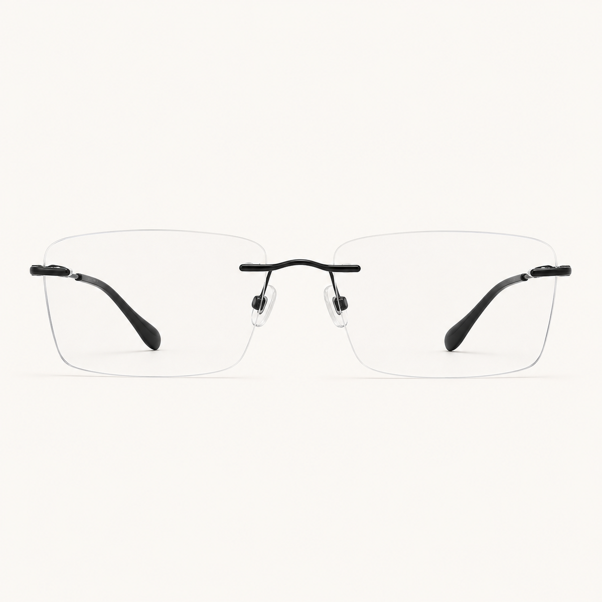 Black pure titanium rimless slim rectangular eyeglasses, straight-on product view