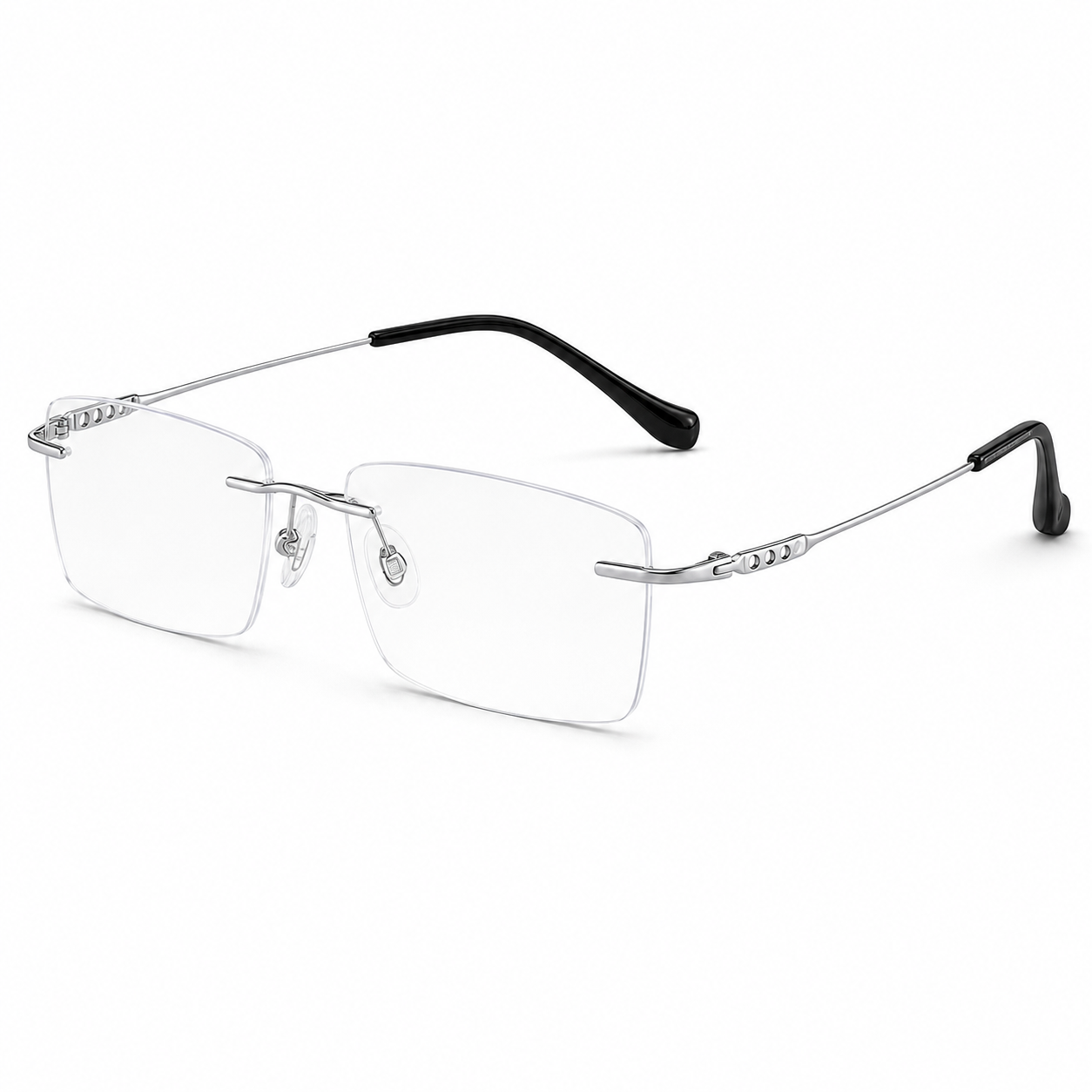 Black/Silver pure titanium rimless slim rectangular eyeglasses, 45-degree product view