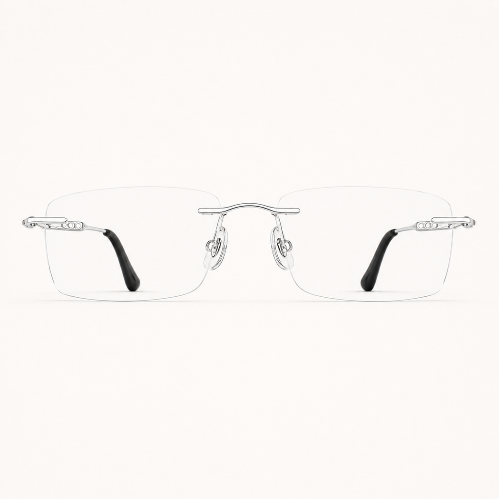 Black/Silver pure titanium rimless slim rectangular eyeglasses, straight-on product view