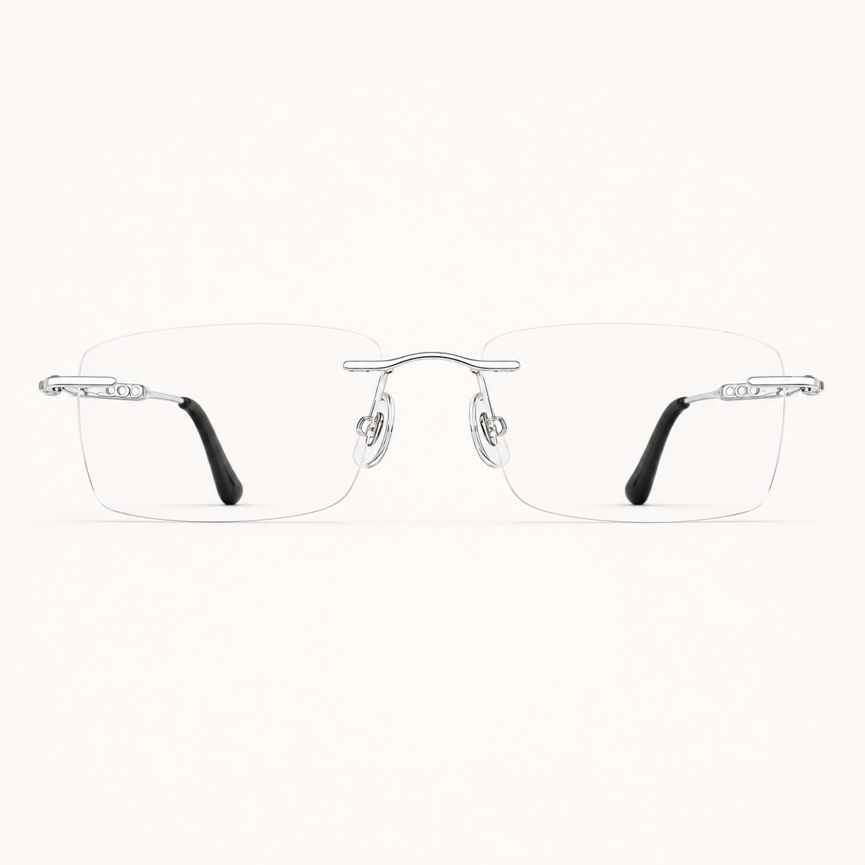 Black/Silver pure titanium rimless slim rectangular eyeglasses, straight-on product view