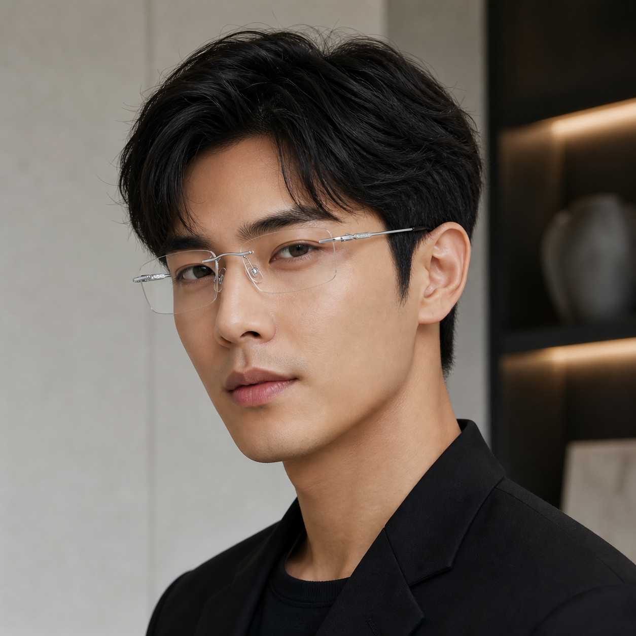 Black/Silver pure titanium rimless slim rectangular eyeglasses, three-quarter adult model fit