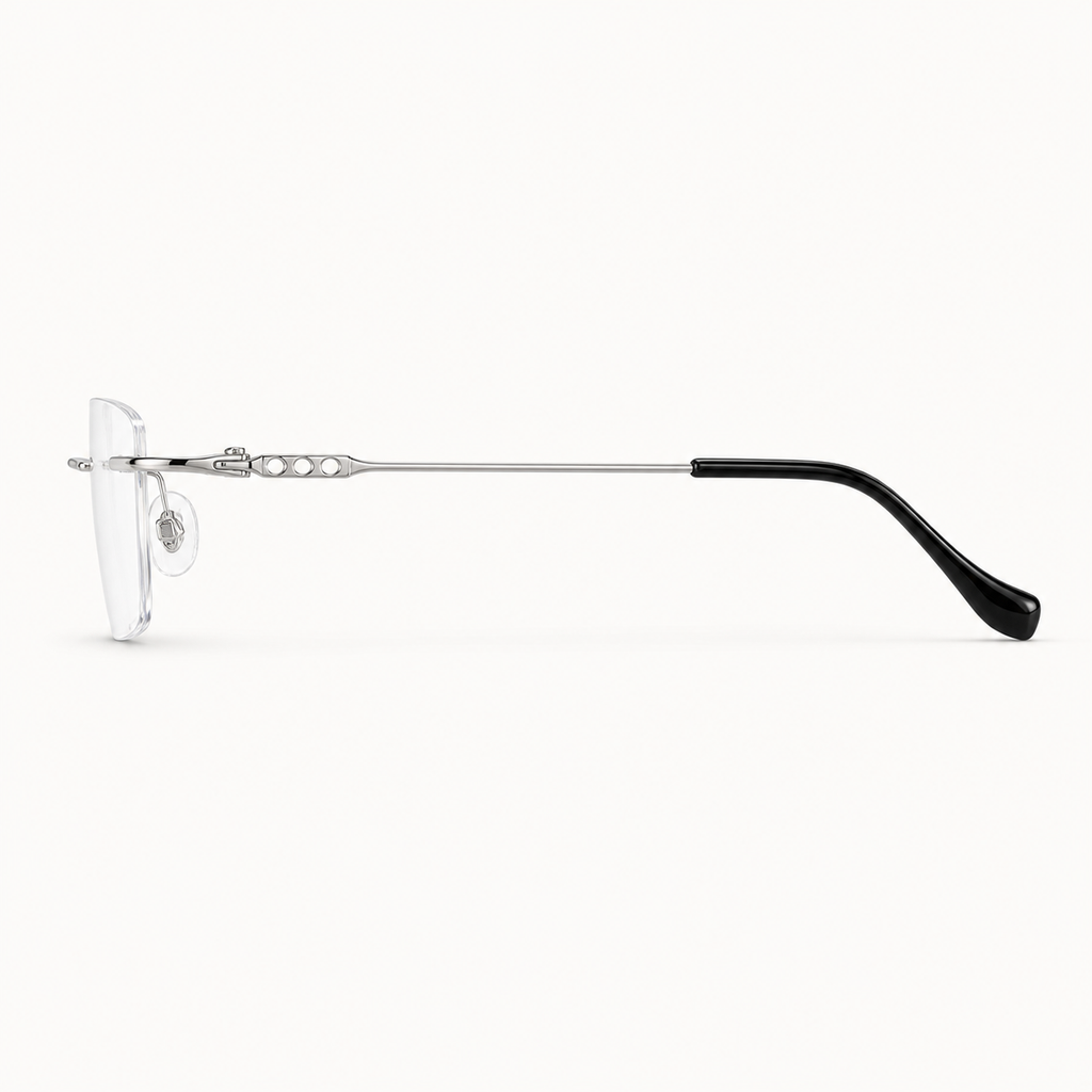 Black/Silver pure titanium rimless slim rectangular eyeglasses, side-profile product view