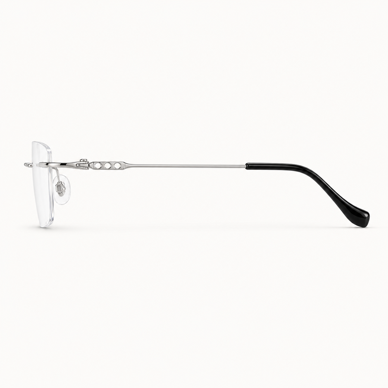 Black/Silver pure titanium rimless slim rectangular eyeglasses, side-profile product view