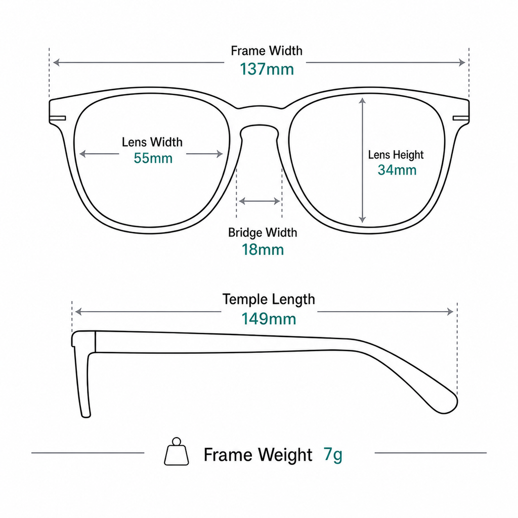 Unisex Pure Titanium Rimless Slim Rectangular Glasses measurement guide: 137mm frame width, 55mm lens width, 7g weight