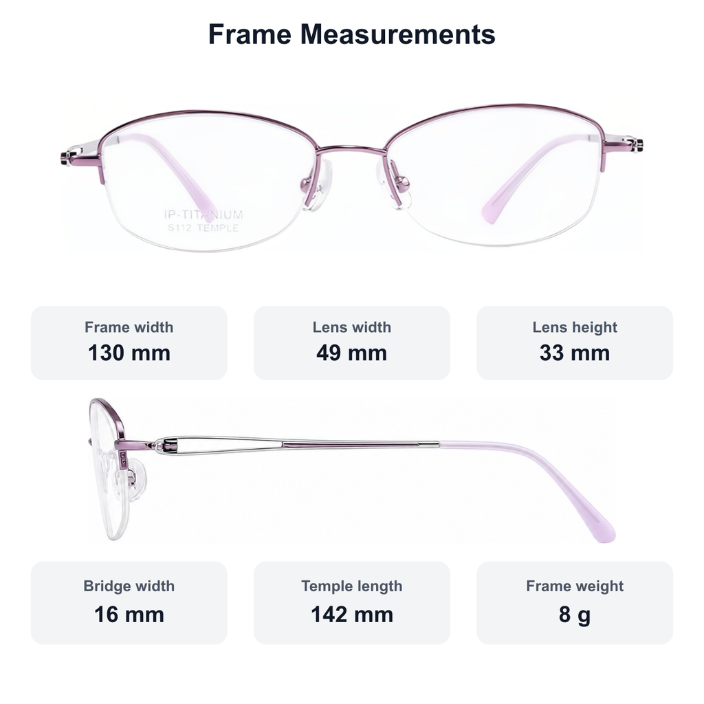 Women's pure titanium semi-rimless glasses measurement guide: 130 mm frame, 49 mm lens, 8 g weight