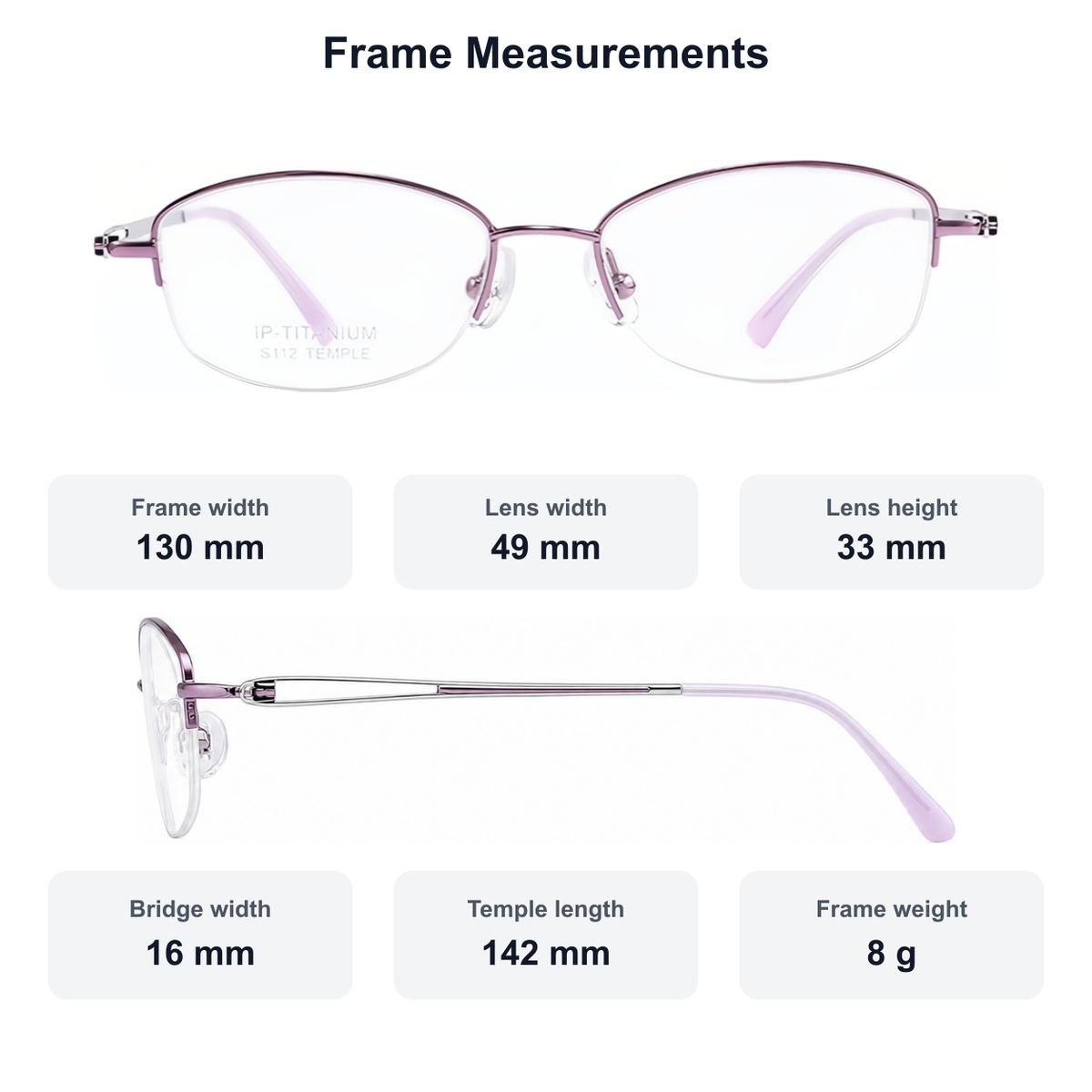 Women's pure titanium semi-rimless glasses measurement guide: 130 mm frame, 49 mm lens, 8 g weight