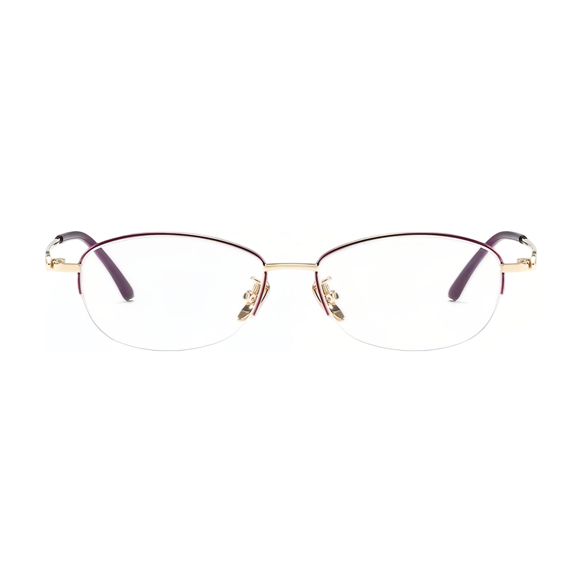 Purple/Gold elegant alloy semi-rimless eyeglass frame, front product view