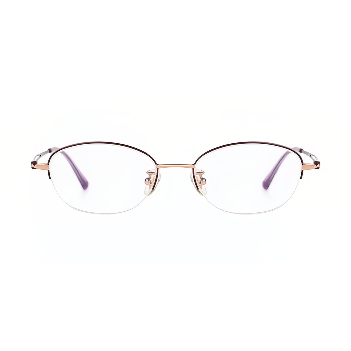 Purple/Rose Gold artistic soft-oval titanium semi-rimless glasses, front product view